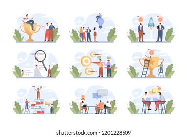 Competitors concept set. Business or interpersonal competition. Rivalry for win or conflict of interests. Different interests or two opposites conflict. Flat vector illustration. 3D Illustration