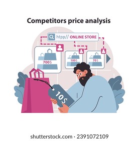 Competitors price analysis concept. Analyst evaluating online store pricing strategies to optimize market positioning. Cost comparison and value assessment in e-commerce. Flat vector illustration.