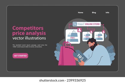 Competitors price analysis concept. Analyst evaluating online store pricing strategies to optimize market positioning. Cost comparison and value assessment in e-commerce. Flat vector illustration.