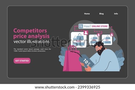Competitors price analysis concept. Analyst evaluating online store pricing strategies to optimize market positioning. Cost comparison and value assessment in e-commerce. Flat vector illustration.