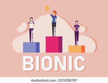 competitors of sport event using bionic limbs, leg prosthetics standing on winner podium 2d vector illustration concept for banner, website, illustration, landing page, flyer