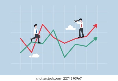 Competitve analysis, evaluating business strength and weakness of competitor, developing strategy to gain market advantage concept, Businessman on analyzing rival on another graph through telescope.