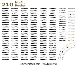 Compilación de 210 cepillos de arte mixtos vectores para ilustración de libro de relatos, patrón, textura, grunge, pintura seca, borde de marco.