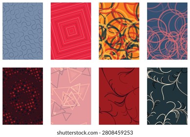 Compilation of artistic graphic designs showcasing diverse geometric arrangements including concentric squares circles and rhythmic lines