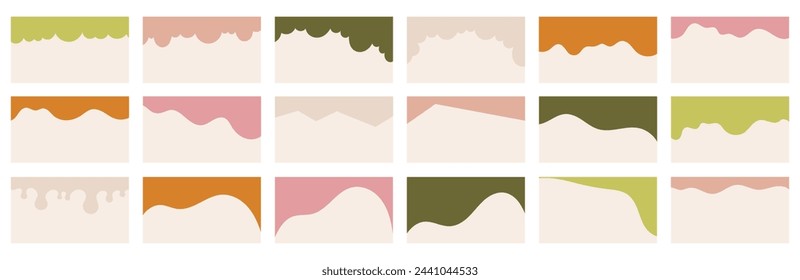 Compilation of assorted shapes for web page headers or footers in modern organic boho colors palette. Design template serving as a separator on a landing page. Headline in vector flat style.