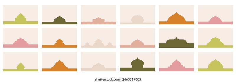 Compilation of assorted shapes for website headers or footers incorporating Islamic architectural motifs. Landing page divider template to organize design compositions in vector flat aesthetic.