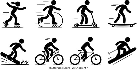 Recopilación de iconos negros que muestran a personas activas disfrutando de deportes al aire libre como patinaje sobre ruedas, patinaje, monopatín, snowboard, ciclismo y esquí.