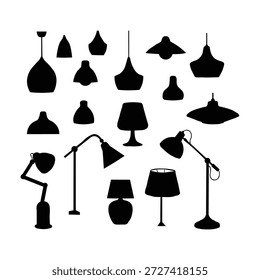A compilation of black lamp silhouettes showcasing diverse shapes and styles of lighting fixtures.