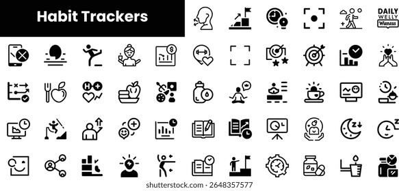 A compilation of black and white icons representing various habit trackers for fitness, health, and wellness, ideal for personal development and productivity.