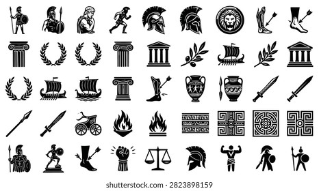 A compilation of black and white icons representing ancient Greek culture including warriors helmets pottery and architecture