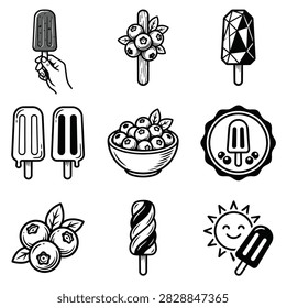 A compilation of black and white illustrations featuring various ice cream popsicles and fresh blueberries in different arrangements.