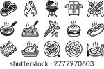 Compilation of black and white line icons depicting various aspects of grilling and barbecue, including steaks, flames, grills, kebabs, sausages, and cooked dishes.