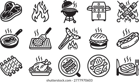 Compilation of black and white line icons depicting various aspects of grilling and barbecue, including steaks, flames, grills, kebabs, sausages, and cooked dishes.