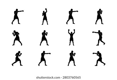 Compilation of boxing silhouettes in diverse fighting stances and actions. Features jabs, hooks, uppercuts, defensive guards, and victory poses. Excellent for sports branding, martial arts themes, and fitness content.