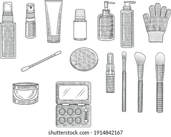 compilation of cosmetic utensils (bottles, brushes, lipstick, eye-shadow, peeling glove, pad) vector illustration. black-white