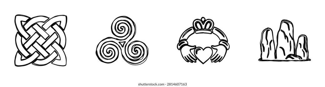 A compilation of distinct cultural emblems including a Celtic knot, a triskele, a Claddagh ring, and a representation of the Giant's Causeway