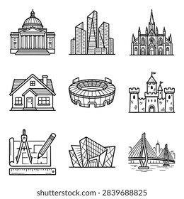 A compilation of diverse architectural building illustrations including a stadium, castle, modern skyscrapers, and a blueprint.