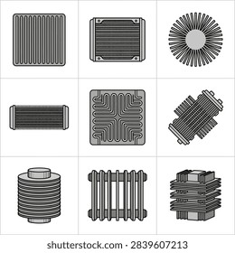 A compilation of diverse heat sink illustrations, showcasing different shapes and structures for thermal management in electronics.