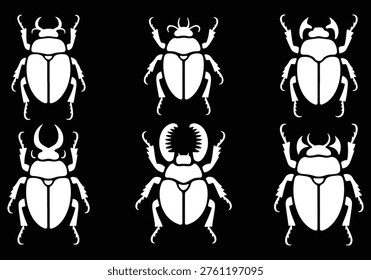 Compilation of entomological icons featuring distinct beetle morphologies. Ideal for educational materials or scientific publications.