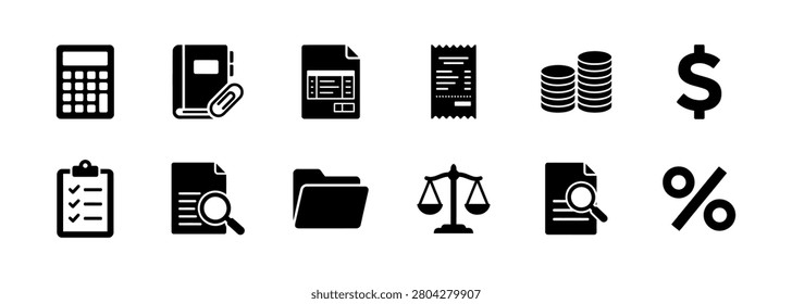 Compilation of financial and administrative icons featuring calculator accounting notebook invoice document payment receipt pile of coins dollar symbol clipboard audit folder legal scales magnifying glass on reports and interest percentage sign for professional office and business usage.