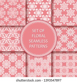 Compilation of floral patterns. White design with flowers on pale pink background