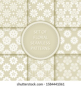 Compilation of floral patterns. White design with flowers on olive green background. Vector illustration
