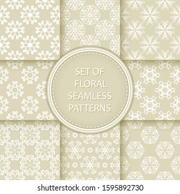 Compilation of floral patterns. White design with flowers on olive green background. Vector illustration