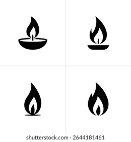 A compilation of four black and white icons showcasing flame and candle designs, simple graphics suitable for decorative and representational purposes, set on white background.