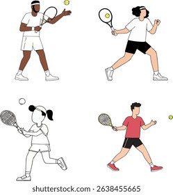 A compilation of four tennis players, each in a different pose, ready to strike the ball with their rackets on a white background.
