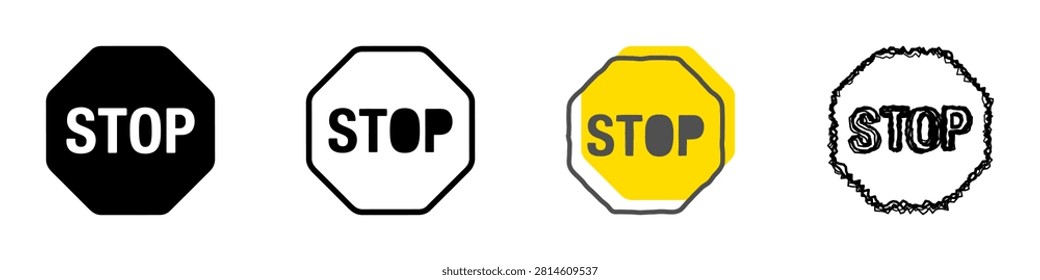 A compilation of four unique stop sign graphics, showcasing different artistic interpretations and color schemes for versatile design applications