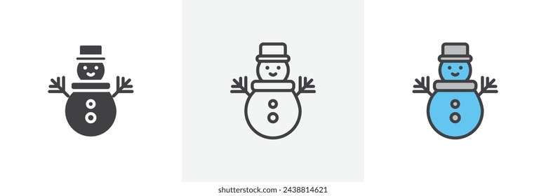 Recopilación de iconos de muñeco de nieve amistoso. Arte vectorial de muñecos de nieve en varias posturas.