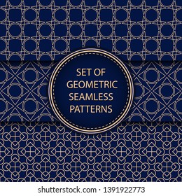 Compilation of geometric seamless patterns. Golden blue set of backgrounds