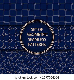 Compilation of geometric seamless patterns. Golden blue mixed shapes backgrounds. Vector illustration 
