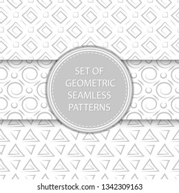 Compilation of geometric seamless patterns. Gray and white mixed shapes backgrounds
