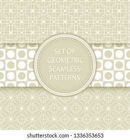 Compilation of geometric seamless patterns. Olive green and white mixed shapes backgrounds