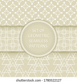 Compilation of geometric seamless patterns. Olive green and white mixed shapes backgrounds. Vector illustration