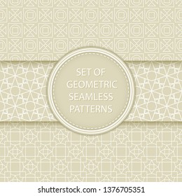 Compilation of geometric seamless patterns. White designs on olive green background