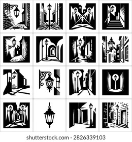 A compilation of graphic illustrations depicting various vintage street lamps and lampposts in different urban settings.
