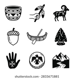 A compilation of hand-drawn icons representing Native American culture and nature