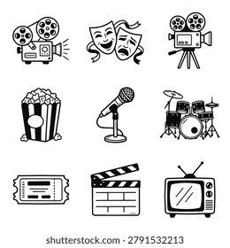 A compilation of hand-drawn icons representing various forms of entertainment and performance arts.