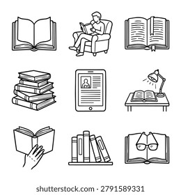 A compilation of hand-drawn illustrations depicting various aspects of reading and books.