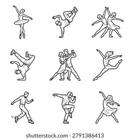 A compilation of hand-drawn sketches depicting various dance forms and movements.