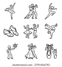 A compilation of hand-drawn sketches depicting various dance forms and related shoes, including ballet, ballroom, and breakdancing.