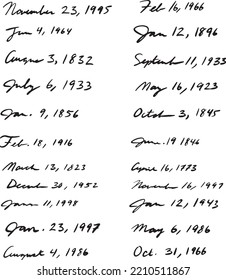 Compilation of handwritten dates in cursive and different styles of lettering. Ink pen writing. Various random months, days, and years.