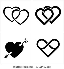 Zusammenstellung von Herzdesigns, verbunden, durchbohrt von einem Pfeil, und unendlichen Formen, die Liebe und Einheit feiern