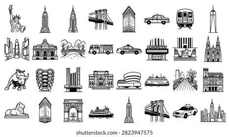 A compilation of iconic New York City landmarks, transportation, and symbols in a graphic illustration style.
