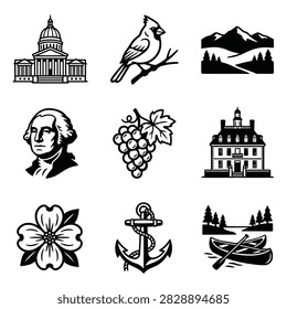 A compilation of iconic symbols representing America, including landmarks, nature, and historical figures.