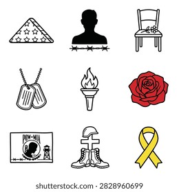 A compilation of icons including a folded flag, soldier silhouette, empty chair, dog tags, torch, rose, POW MIA banner, fallen soldier memorial, and a yellow ribbon.