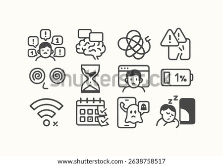 Compilation of icons that represent modern day stressors, burnout, anxiety and mental overload in a minimalist style.