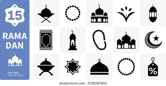 Una recopilación de iconos islámicos y de Ramadán, con varios símbolos religiosos y de celebración, adecuados para proyectos de diseño.